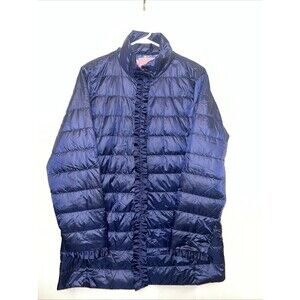 Lilly Pulitzer Doria Puffer Jacket Navy Blue Ruffles Down Filled Women's Size 14